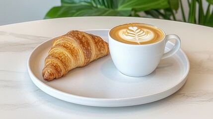 Fresh Croissant and Coffee on a Plate in a Modern Cafe Setting
