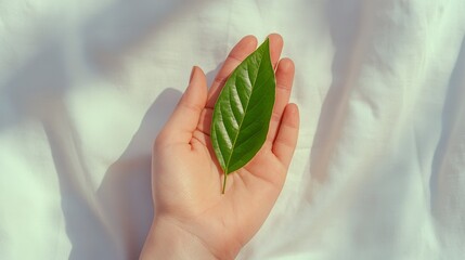 Gentle Hand Holding a Vibrant Green Leaf