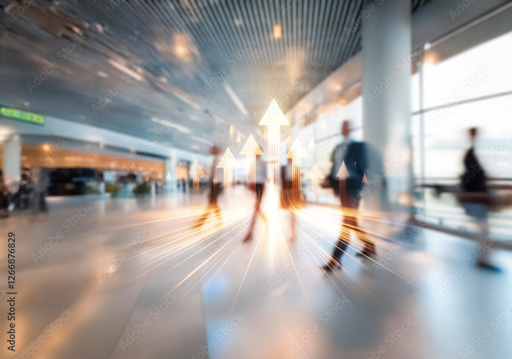 Fototapete hong kong commercial hub with blurred figures moving dynamically. arrows on the floor indicate direc