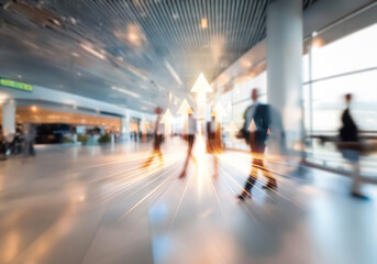 Hong Kong commercial hub with blurred figures moving dynamically. Arrows on the floor indicate direction and business progress in a modern building.