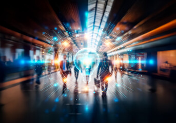 Modern commercial space in Hong Kong showcasing business activity. Motion blur and digital elements suggest connectivity and futuristic dynamics.