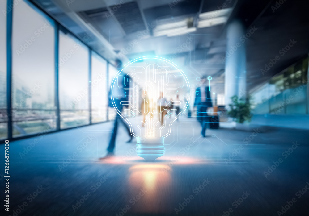 Fototapete A commercial setting in Hong Kong with blurred figures walking by a glowing lightbulb symbol. Suggests business ideas and innovation in an urban environment.