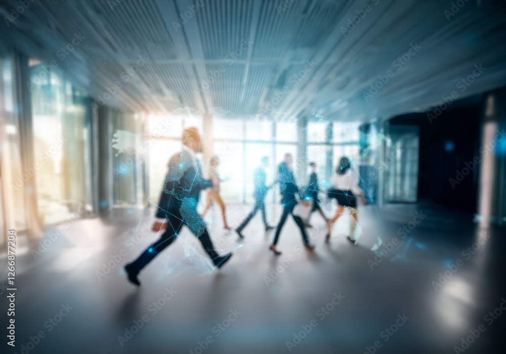 Aufkleber a group of blurry figures walk in a modern office building with large windows and a bright, sunny se