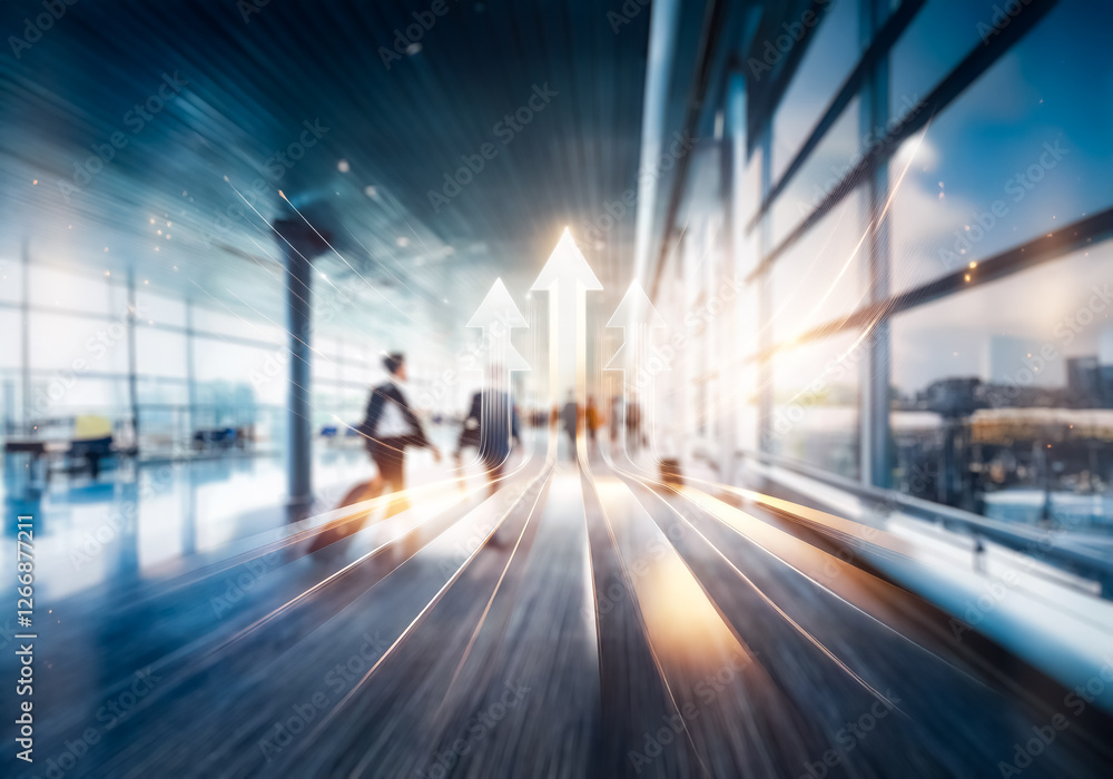 Poster blurred figures move ahead in hong kong's commercial hub, symbolizing business growth and progress, 