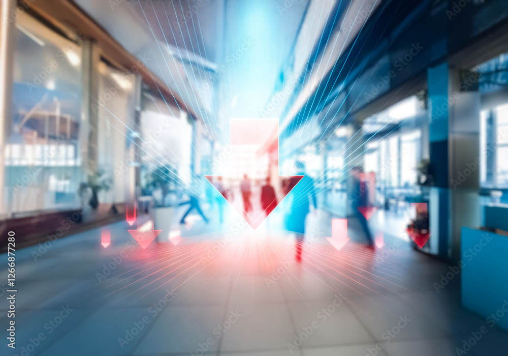 Poster hong kong commercial building interior with motion blur. business setting with abstract red arrow de
