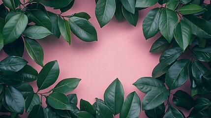 Obraz premium Lush green leaves frame pink background, studio shot, nature design