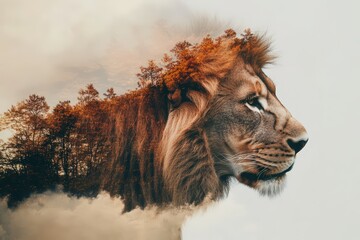 Naklejka premium Lion, double exposure photo of wildlife