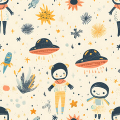 A whimsical pattern featuring astronauts, UFOs, and celestial elements.