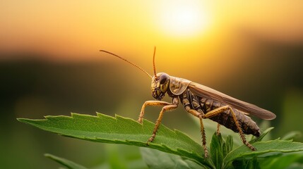 Fototapeta premium Brown Grasshopper on Dewy Leaf at Sunset