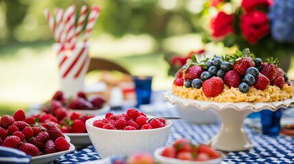 A Fourth of July backyard brunch, featuring cheesy hash brown casserole, red and blue fruit parfaits, and patriotic-themed tableware