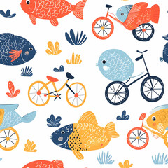 A whimsical pattern featuring colorful fish and bicycles against a white background.