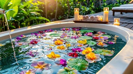 Serene Spa Experience with Flowers and Candles in Relaxing Outdoor Setting
