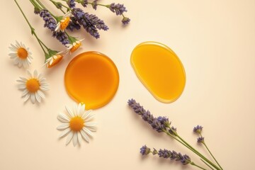 Minimalistic layout of skincare ingredients. Honey, lavender and chamomile. 