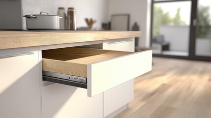 Sleek white drawers in a modern kitchen interior