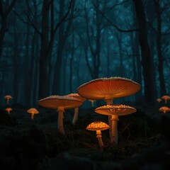 Fototapeta premium Midnight forest landscape with glowing mushrooms, eerie atmosphere, darkness