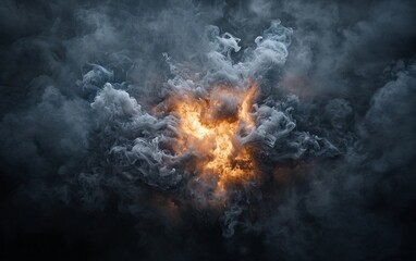 Fire and smoke swirl together in a dramatic display of light and texture during a dark atmospheric moment