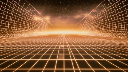 A bright orange background with a dark sky and stars