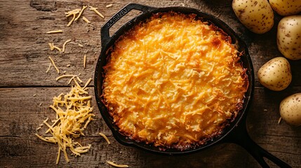 A freshly baked hash brown casserole in a cast-iron pan, resting on a weathered wooden table with scattered cheese and potato shavings