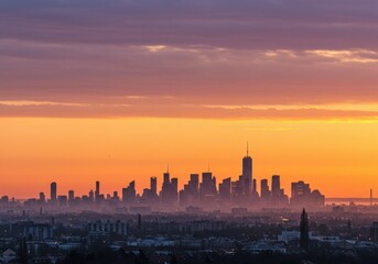 Stunning Urban Skyline at Sunrise Photograph with Dramatic Orange and Purple Sky