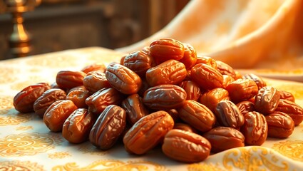 Pile of fresh dates on a patterned tablecloth with a warm, inviting light. Food concept.