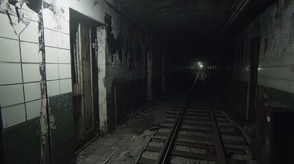 Fototapeta premium Abandoned subway tunnel interior, decaying walls, tracks extend into darkness