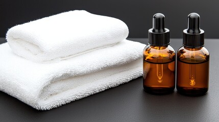 Elegant Brown Bottles with Essential Oils Next to Soft White Towels on Black Surface