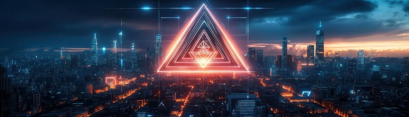 Fototapeta premium Sacred geometric architecture amidst a neon-lit metropolis, blending ancient symbols with sleek AI design
