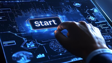 A person is pressing a button that says "start" on a computer screen