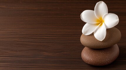 Fototapeta premium Balanced Zen Serenity Frangipani Bloom on Stacked Smooth Stones Against Wood Grain Background Backdrop Still Life