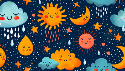 A whimsical pattern featuring sun, moon, clouds, and stars with cheerful faces.