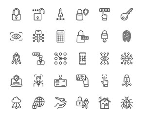 Simple vector outline icon set of lock password protection security finger print encryption concept, cyberspace and access limit secure concept, 30 artboard 48x48 pixel perfect icon editable stroke
