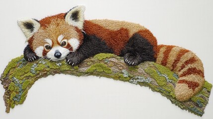 Obraz premium A red panda lounging on a mossy branch, showcasing its playful demeanor in a serene setting