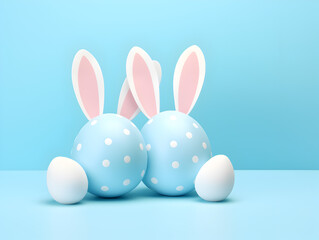 Fototapeta premium Two pastel colored easter eggs with white bunny ears isolated on blue background, easter background concept