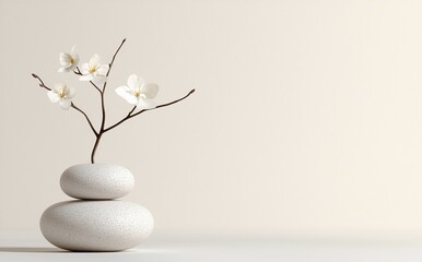 Minimalist Floral Display White Blossoms in Stone Vase Arrangement Decorative Home Accent Piece Interior Serene Style