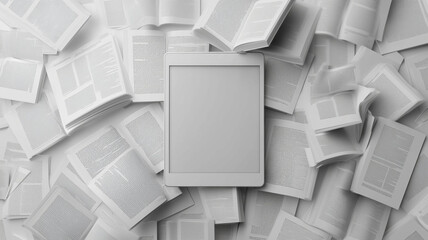High-def image of an E-Book reader with surrounding open books for online course promotion.
