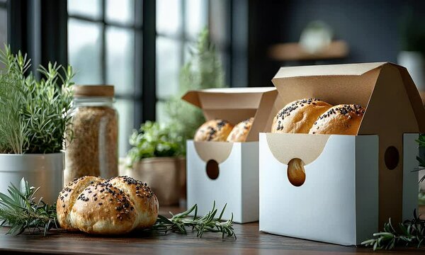 Freshly baked bread rolls in elegant packaging displayed on a rustic wooden table with greenery