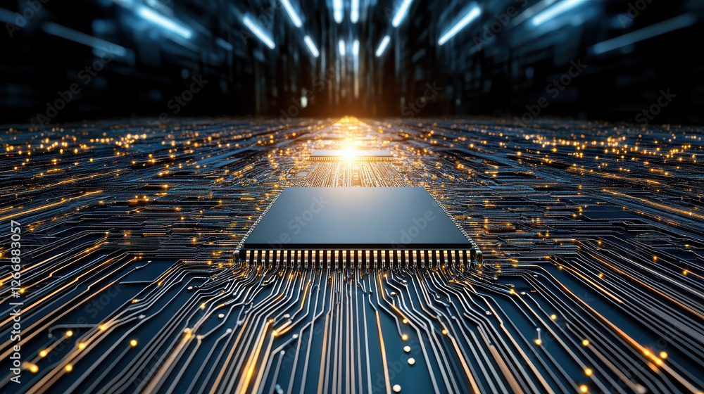 Poster digital circuit board with microchip surrounded by glowing connections