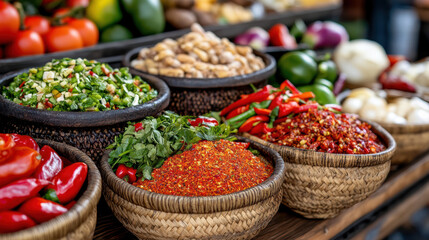 Fototapeta premium Fresh herbs and spices in woven baskets at vibrant market