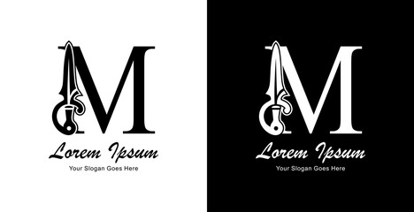 sword-shaped logo design combined with the letter M