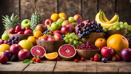A rustic wooden table overflowing with a vibrant assortment of fresh fruits in wooden bowls, including apples, grapes, oranges, grapefruit, pineapple, bananas, and berries.