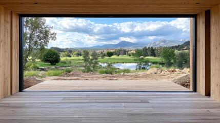 Fototapeta premium serene view of landscape through large window, showcasing greenery and mountains