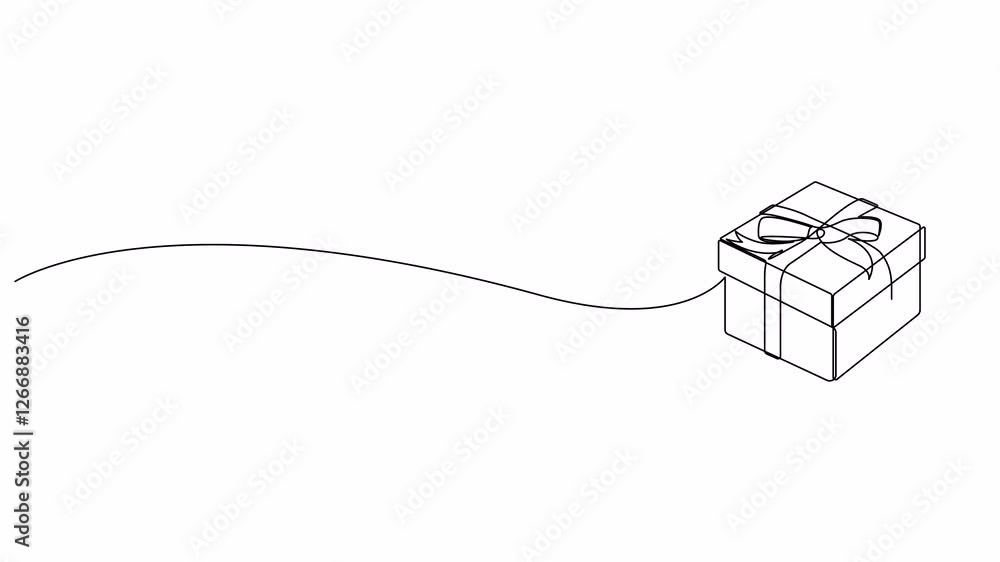 Poster self drawing animation of gift box drawn by continuous one line. one line present with ribbon bow an