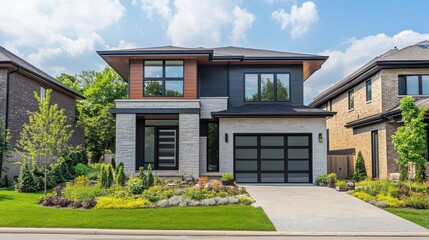 Modern House with Sleek Design and Lush Landscaping in Suburbia