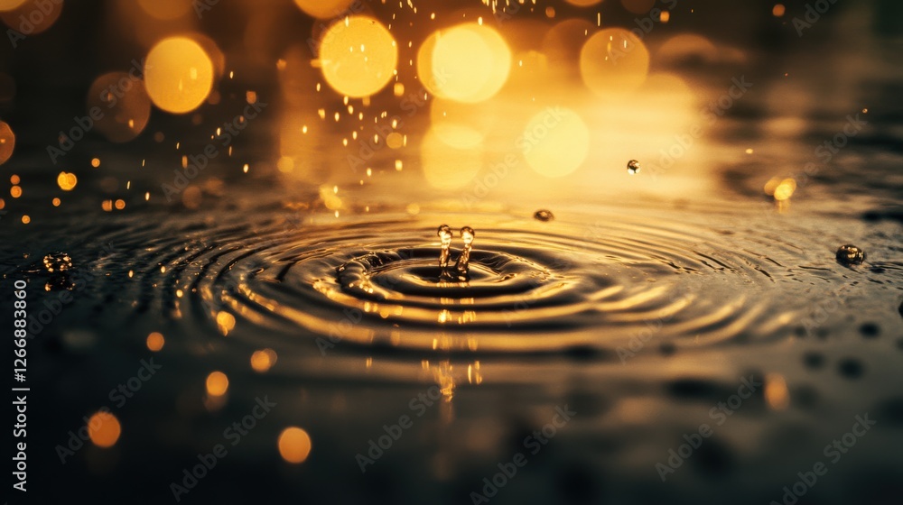 Aufkleber close-up of raindrops creating ripples on water surface with golden bokeh background
