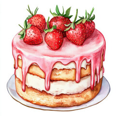 Watercolor kawaii clipart, a beautiful birthday cake with strawberries and cream on top, clean white background,
