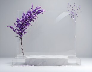 An empty transparent podium in rectangle shape displayed with a purple flowers branch Minimalist mockup for podium display or showcase : Generative AI