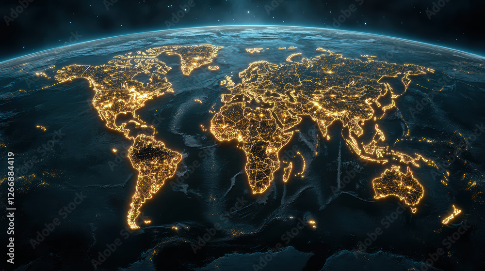 Poster glowing world map showcasing illuminated data points across continents