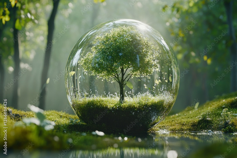 Poster glass globe with green trees growing on it, surrounded by lush grass and sparkling water droplets in
