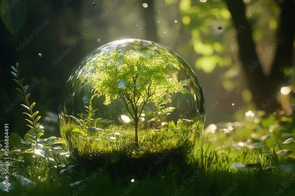 Poster glass globe with green trees growing on it, surrounded by lush grass and sparkling water droplets in