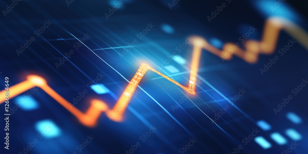Poster dynamic financial graph showing upward trend with glowing orange line and blue grid background